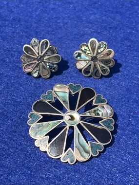 Vintage Silver Brooch & Earring Set Mexican 925
